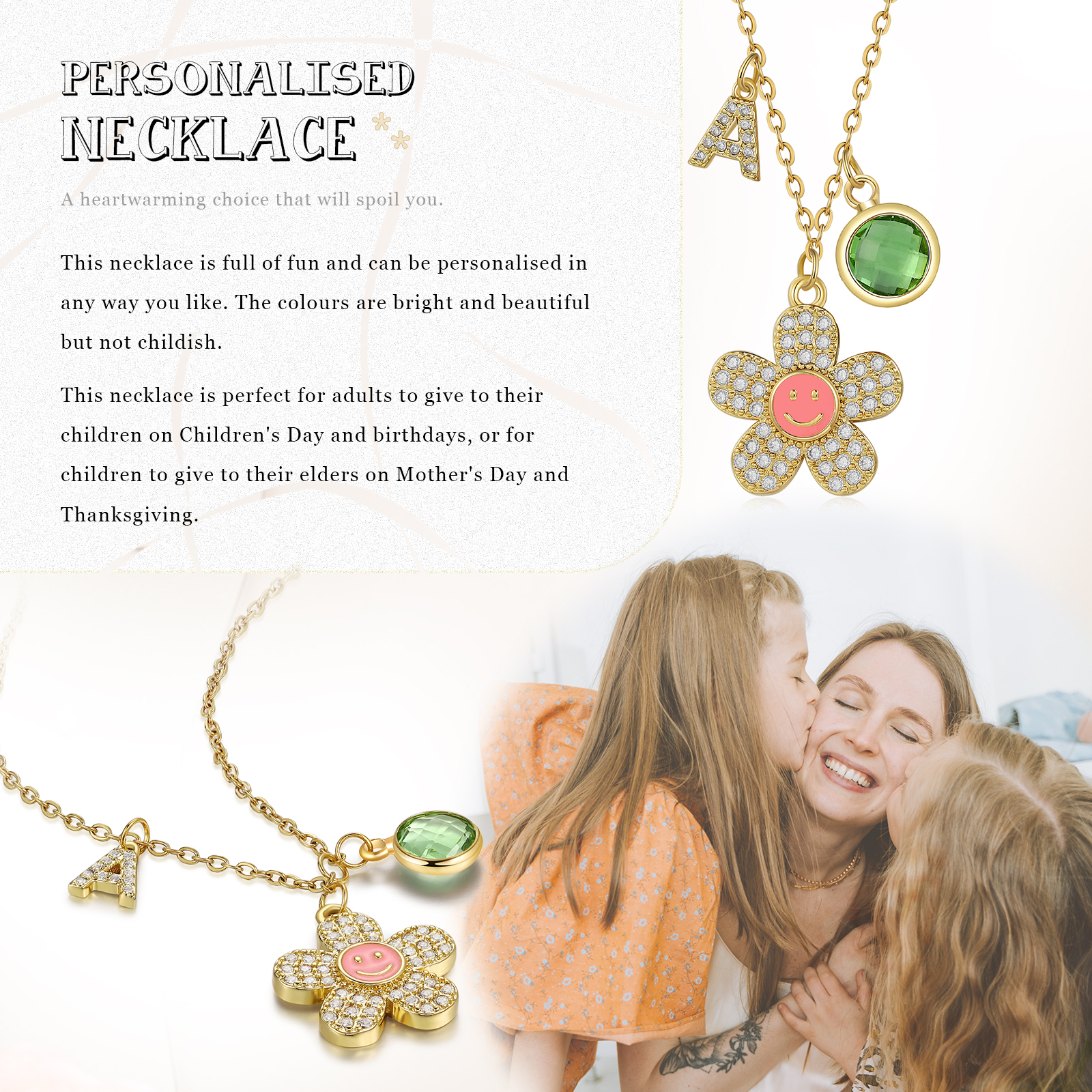 Personalised Flower Necklace Custom Birthstone and Initial Kid's Necklace-Jessemade AU