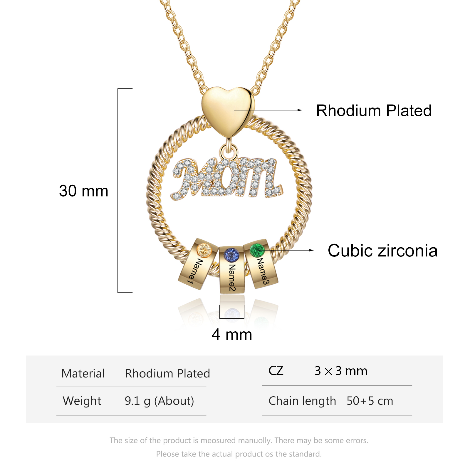 Personalised Necklace With 3 Birthstones Engraved Names Gift For Mother-Jessemade AU