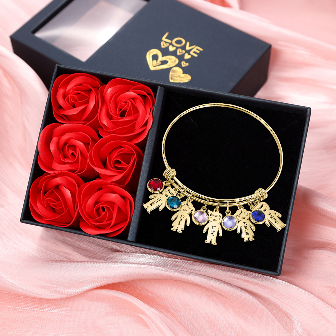 Women Bangle Bracelet with Kids Charms 5 Birthstones Engraved 5 Names Rose Box Set