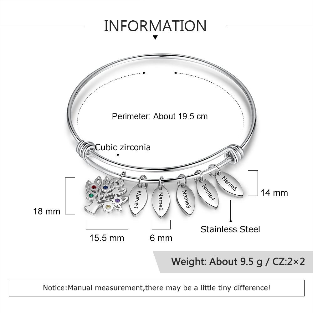 Personalised Family Tree Bracelet with 5 Birthstones Leaf Charms Bangle for Her-Jessemade AU