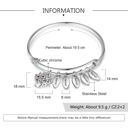 Personalised Family Tree Bracelet with 5 Birthstones Leaf Charms Bangle for Her-Jessemade AU