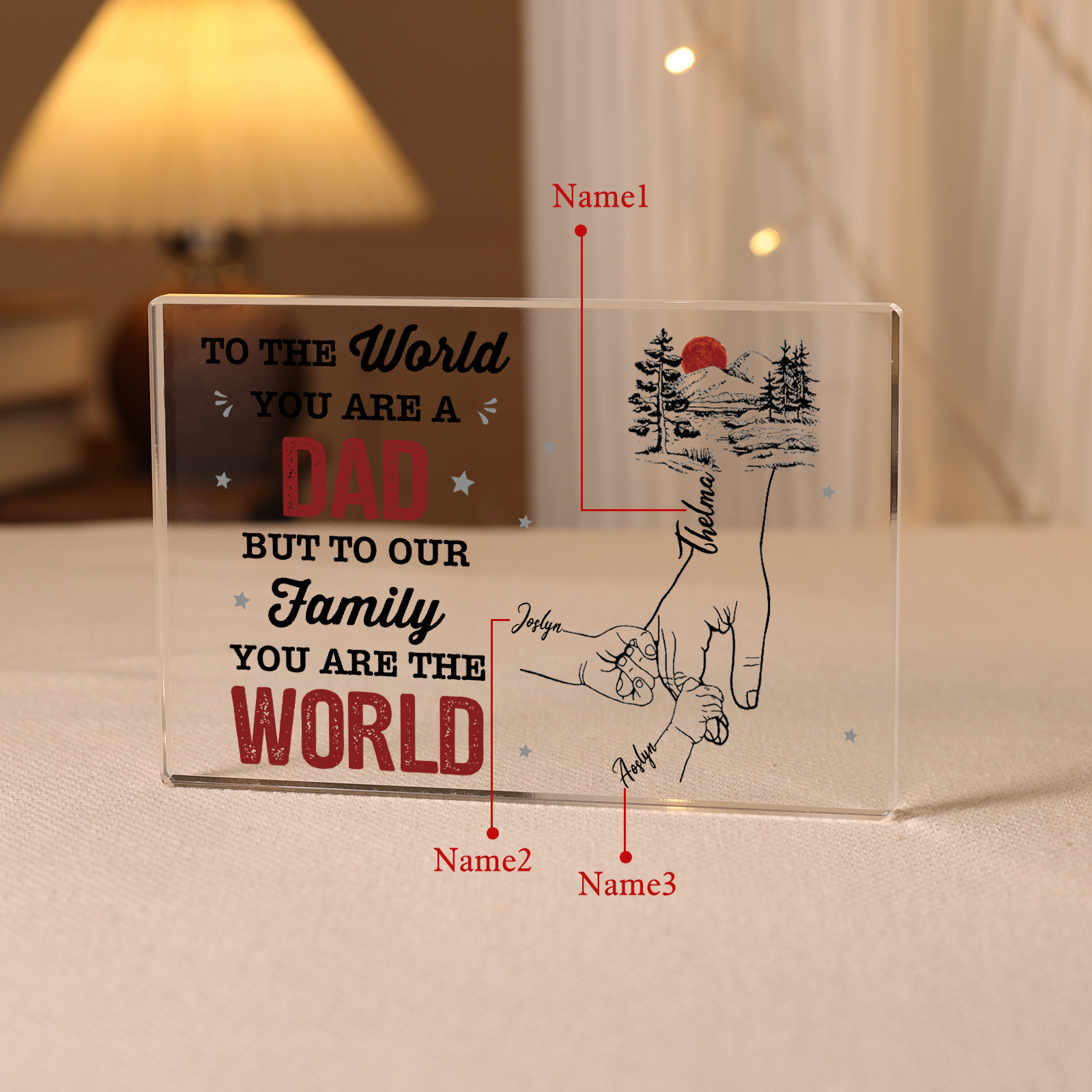 Personalised 3 Names Acrylic Rectangle Keepsake Holding Hands Acrylic Plaque - To The World, You Are A Dad, But To Our Family, You Are The World-Jessemade AU