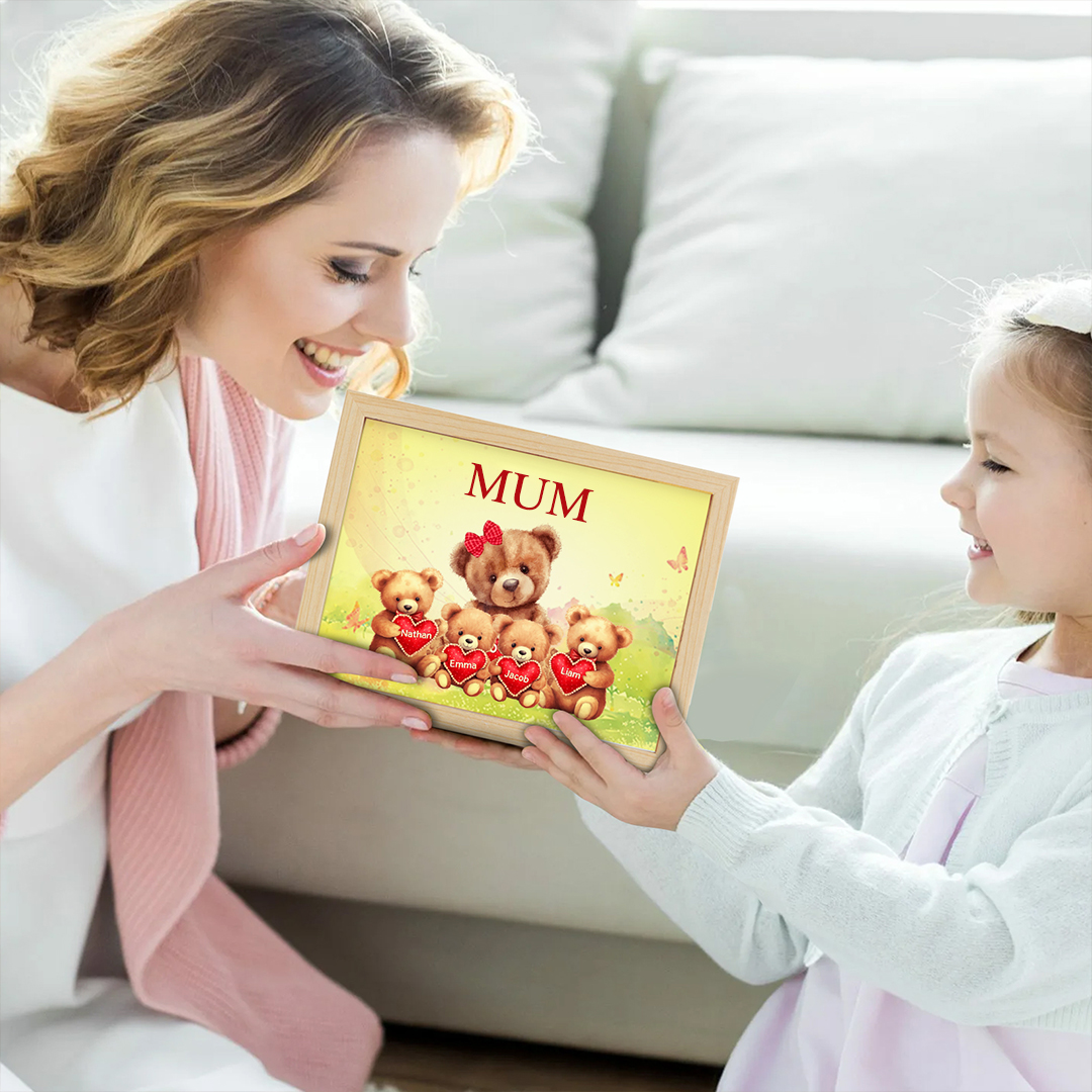 Personalised Frame Night Light Custom 1 Text  & 4 Names Teddy Bears Family Ornament Gifts for Mother/Grandma-Jessemade AU