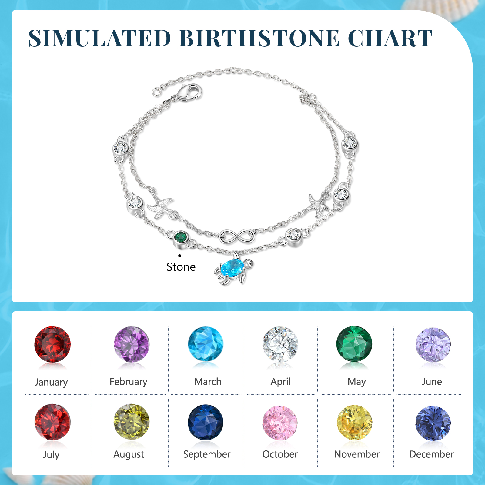 Personalised Women's Bracelet Custom 1 Birthstone Bracelet Sea Turtle Adjustable Bracelet Birthday Gift for Her-Jessemade AU