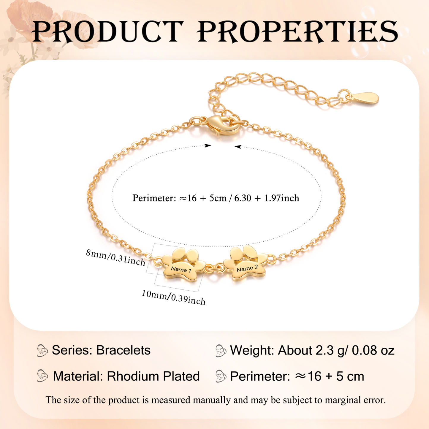 Pet Paw Custom 2 Names Bracelet Gold Adjustable Bracelet Dog Cat Paw Personalised Birthday Gift for Her-Jessemade AU