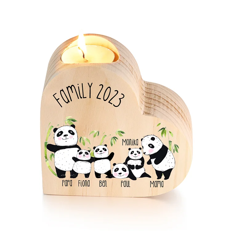 Family Panda Heart Candle Holder Personalised Wooden Candlestick Custom 6 Names-Jessemade AU