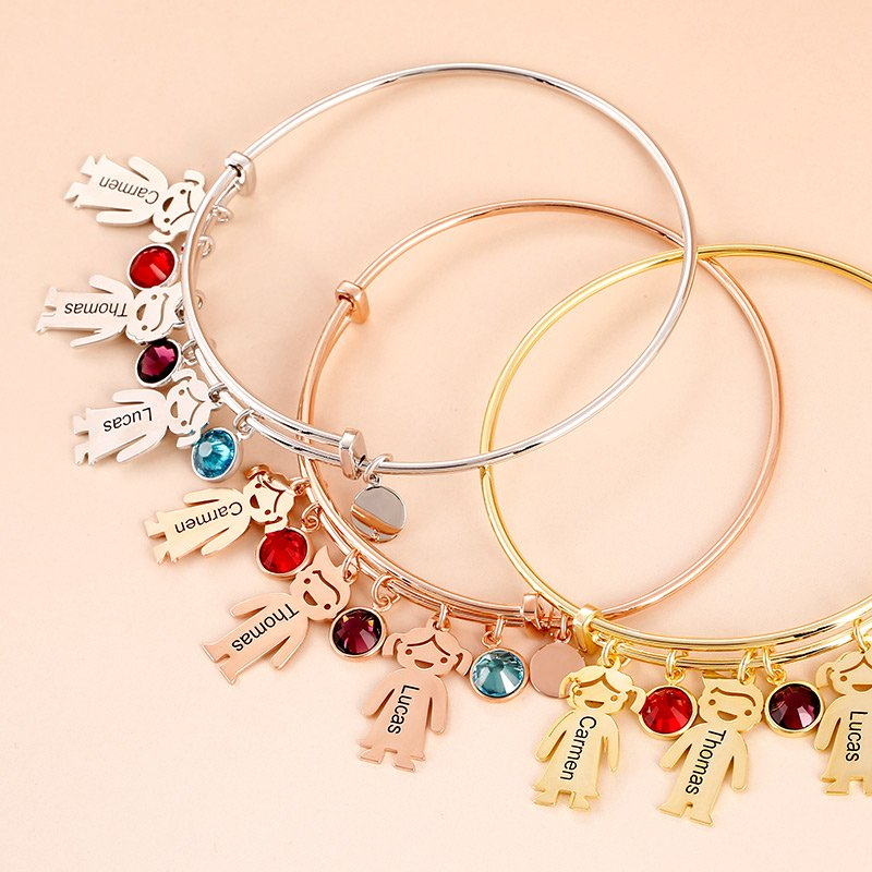 Personalised Kids Charm Bracelet With 3 Birthstones Engraved Names Bracelet Gift For Her-Jessemade AU