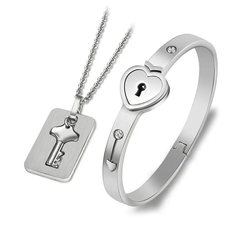 Key to My Heart Couple Key Necklace and Love Lock Bracelet Set