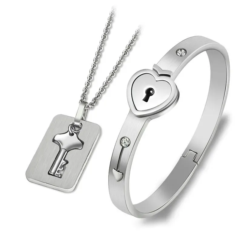 Key to My Heart Couple Key Necklace and Love Lock Bracelet Set-Jessemade AU