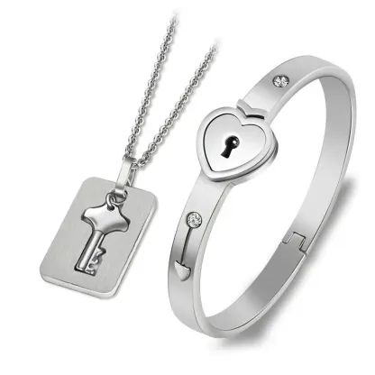 Key to My Heart Couple Key Necklace and Love Lock Bracelet Set-Jessemade AU