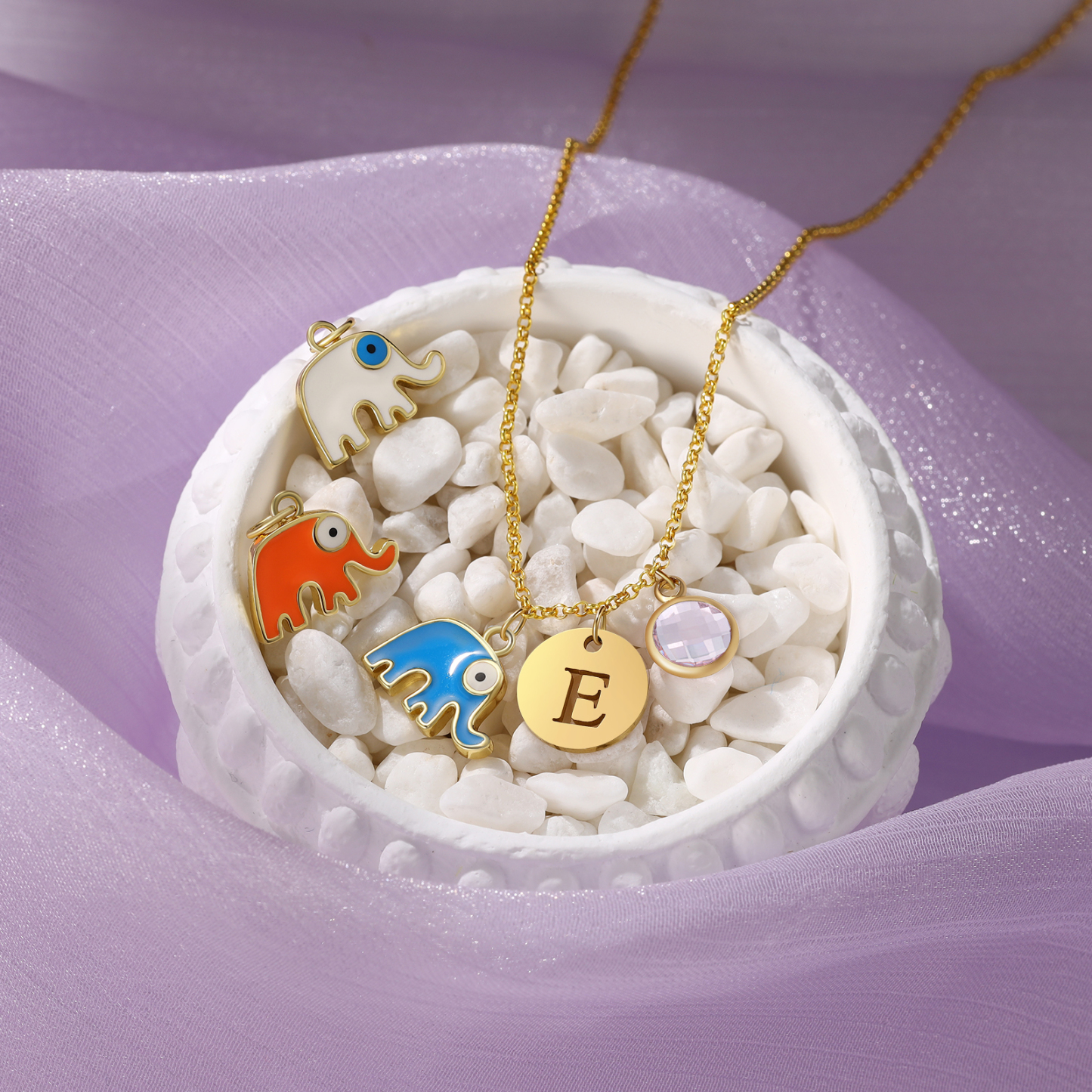 Back To School Personalised Elephant Necklace Custom Birthstone and Initial Necklace-Jessemade AU