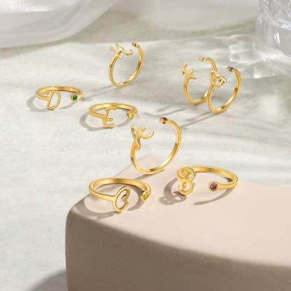 Letter Name Ring with Birthstone Custom 1 Letter Adjustable Ring for Her-Jessemade AU