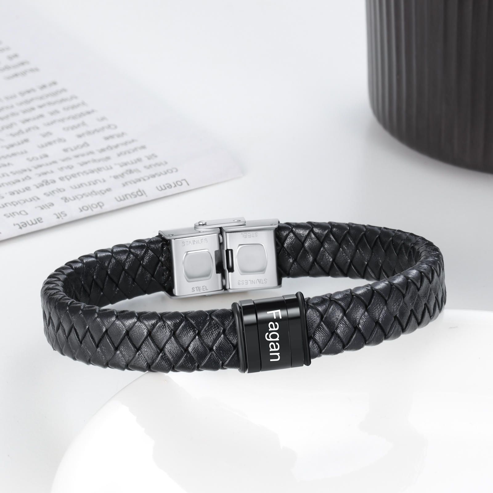 Men Leather Braided Bracelet Personalised with 1 Name Black-Jessemade AU