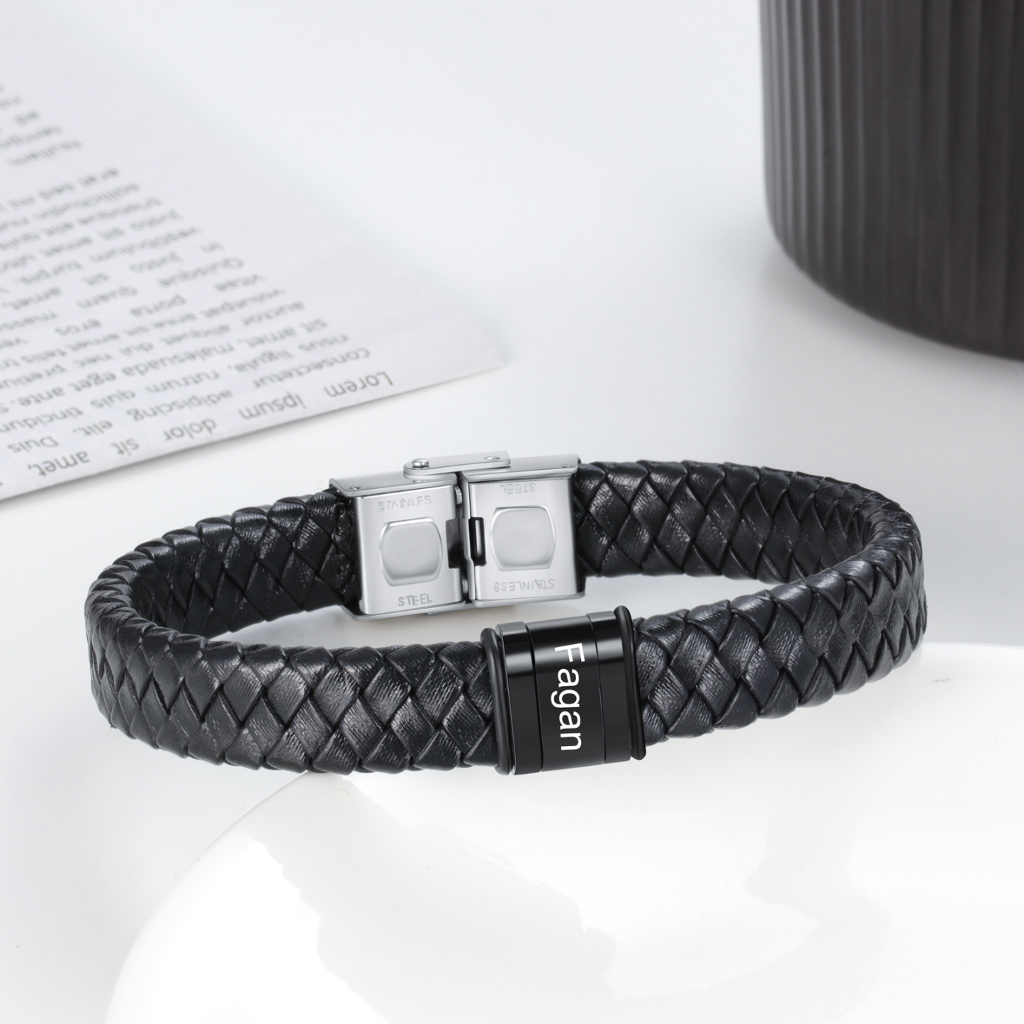 Men Leather Braided Bracelet Personalised with 1 Name Black-Jessemade AU
