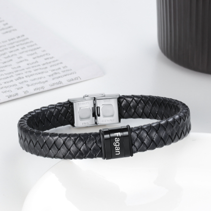 Men Leather Braided Bracelet Personalised with 1 Name Black-Jessemade AU