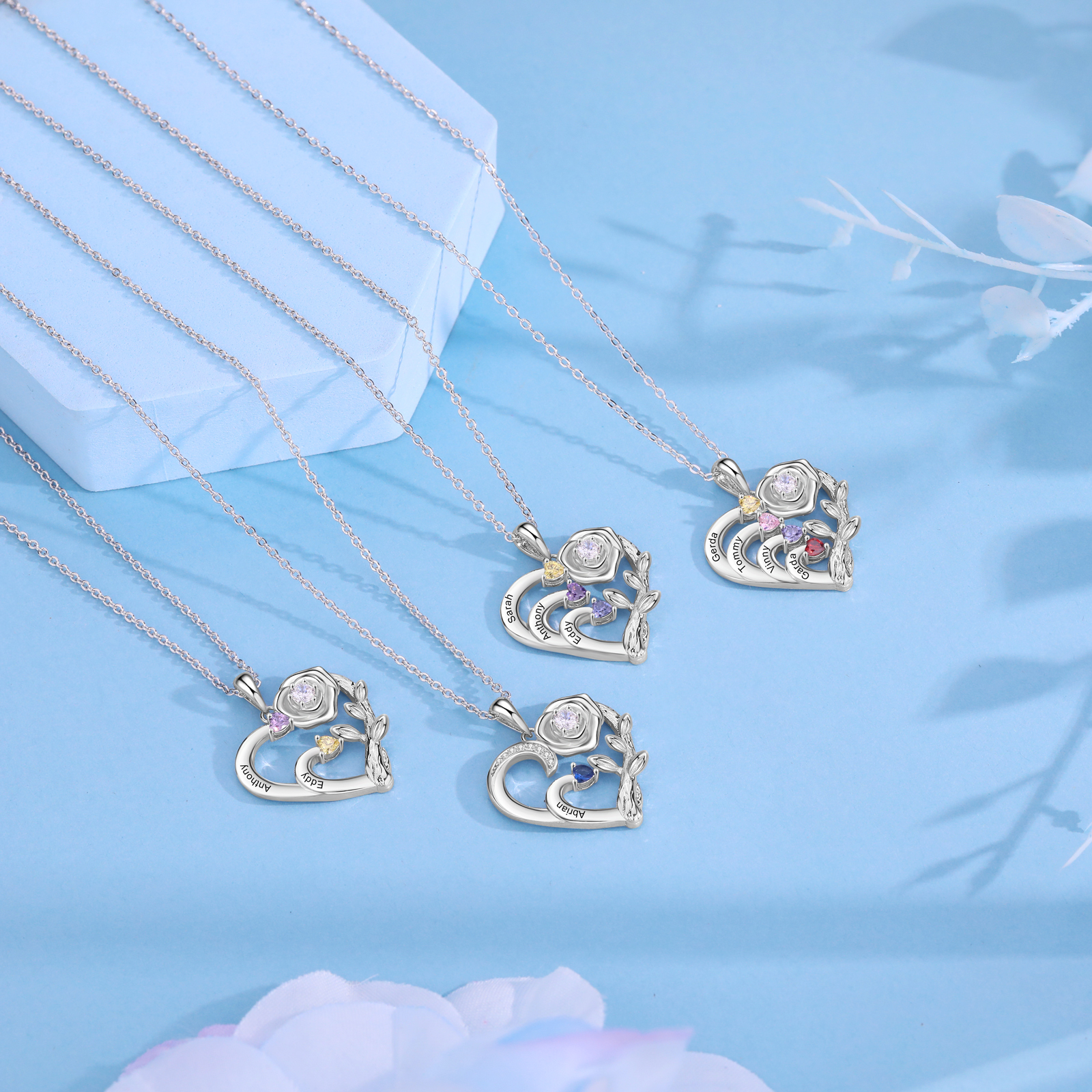 Personalised Mother Rose Necklace 1 Stone Engraved 1 Name Birthstone Intertwined Heart Pendant for Mum-Jessemade AU