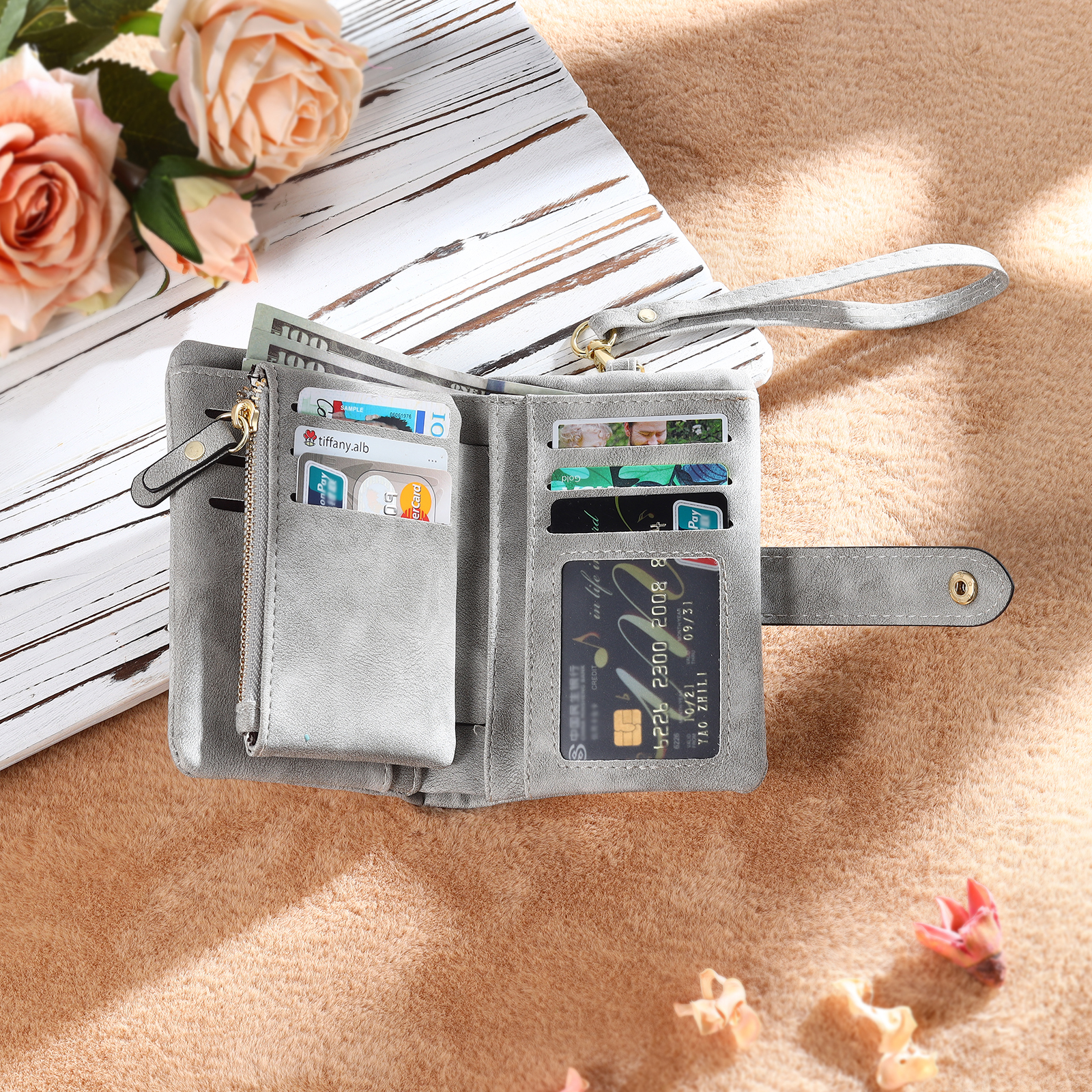Personalised Women's Leather Wallet Custom Birthday Flower & Name & Photo Wallet Gift for Her