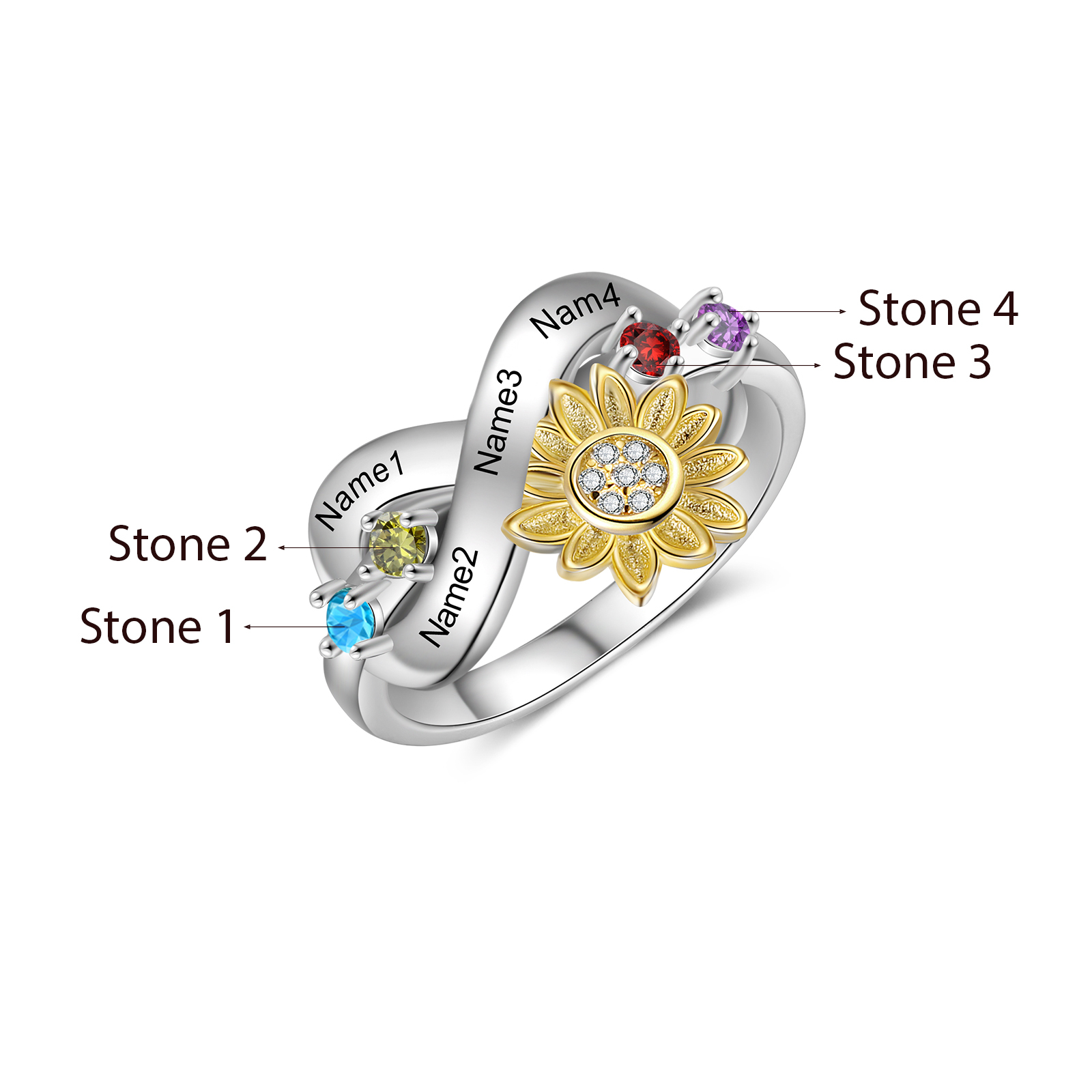 Personalised 4 Birthstones Sunflower Ring Engraved Names Infinity Ring Gifts For Her-Jessemade AU