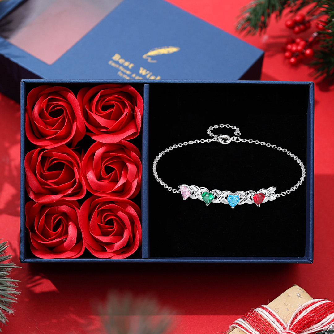 Family Custom Bracelet Heart Personalised with 4 Birthstones Gift Box Set-Jessemade AU