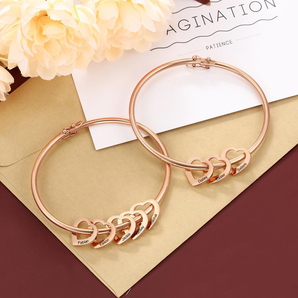 Engraved Personalised Bangle Bracelet with 5 Names with 5 Heart Shape Pendant Gift for Mother-Jessemade AU