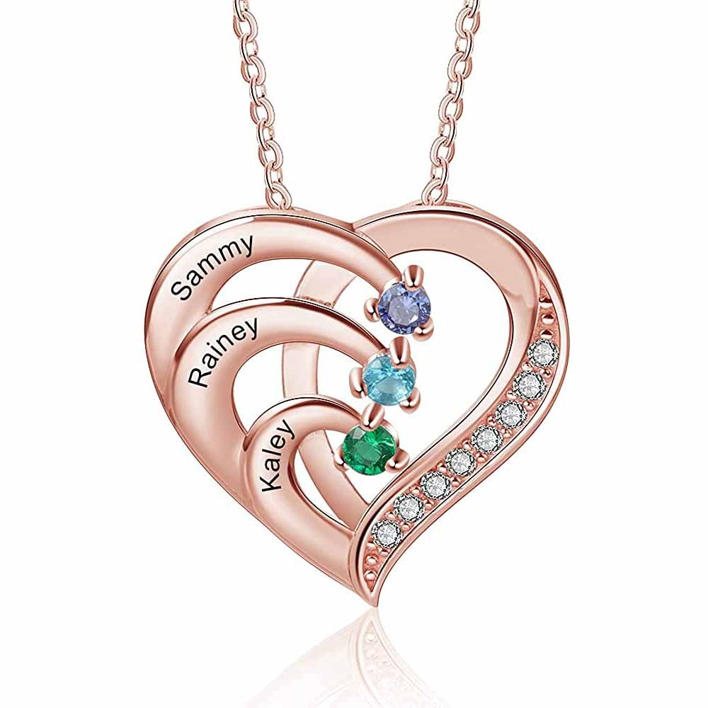Personalised Mother Necklace Engraved 3 Names 3 Birthstone Intertwined Heart Pendant