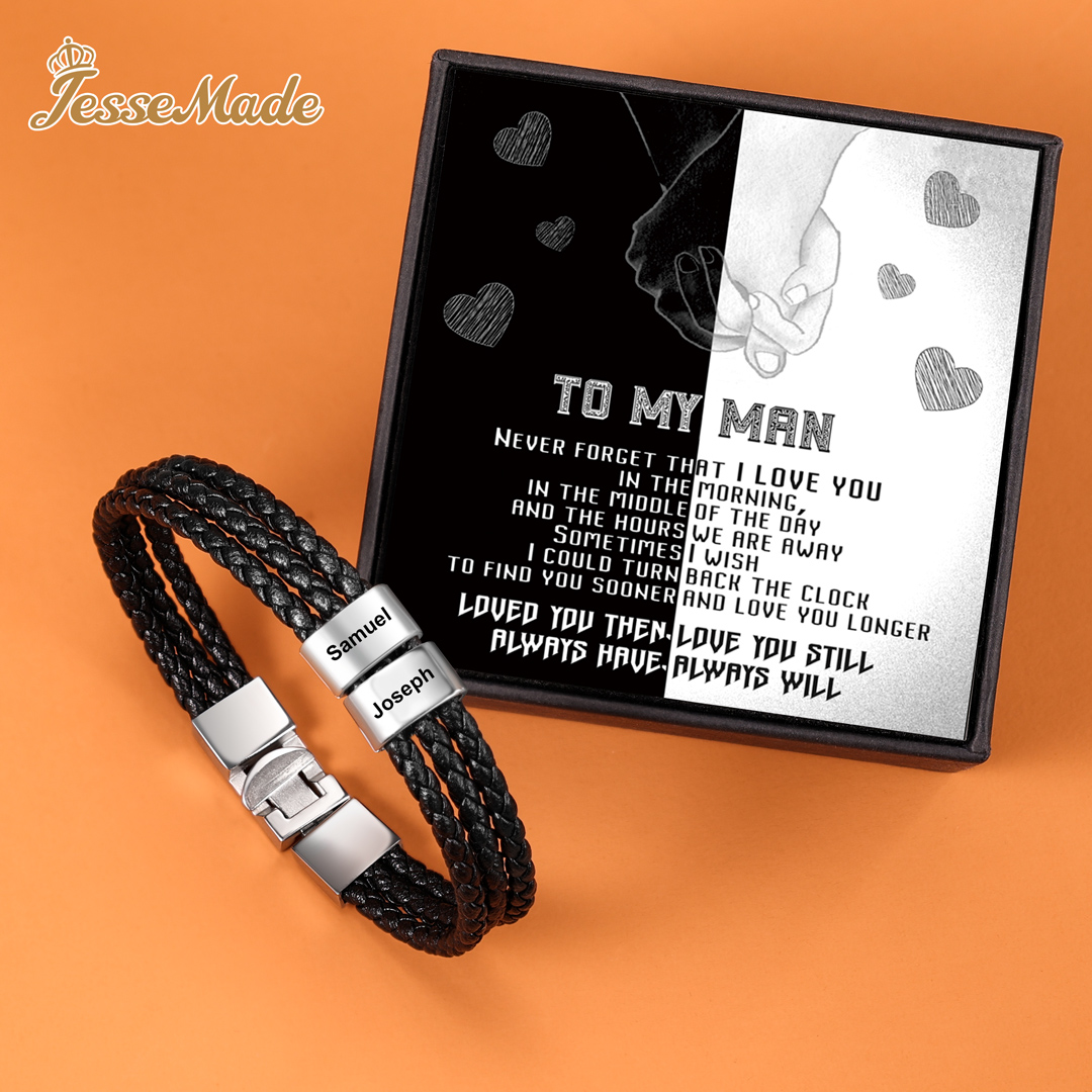 Personalised Braided Leather Bracelet Engraved 2 Names Men's Bracelet Gifts For Him-Jessemade AU