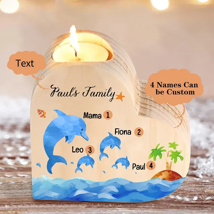 Family Dolphin Heart Candle Holder Personalised Wooden Candlestick Custom 4 Names-Jessemade AU