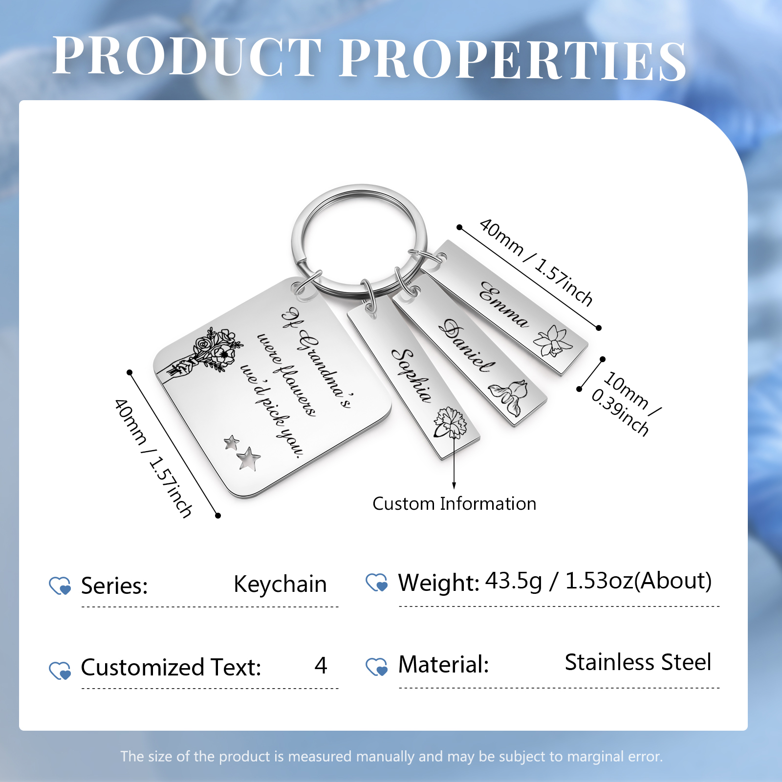 Personalised 3 Names & 3 Birth Flowers Keychain Custom Text Family Keychain Gifts for Mother/Grandma-Jessemade AU