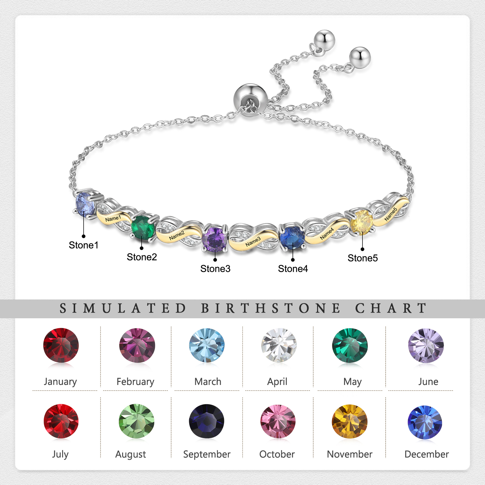 Mother & Family Bracelet with Birthstones Engrave 5 Names Infinity Bracelet Gifts for Mum-Jessemade AU