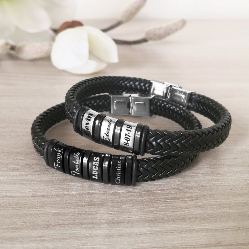 Men Leather Braided Bracelet Personalised with 5 Names 5 Beads Gift For Father's Day-Jessemade AU