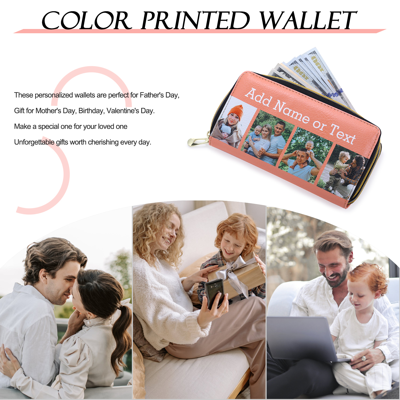 Long Purse Personalised Leather Wallet Engraved 4 Photos Zip Wallet Gifts for Her-Jessemade AU