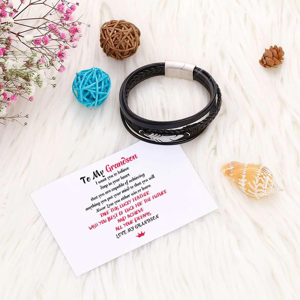 To My Grandson, Inspirational Feather Bracelet Bangle with Message Card Gifts For Her Him-Jessemade AU