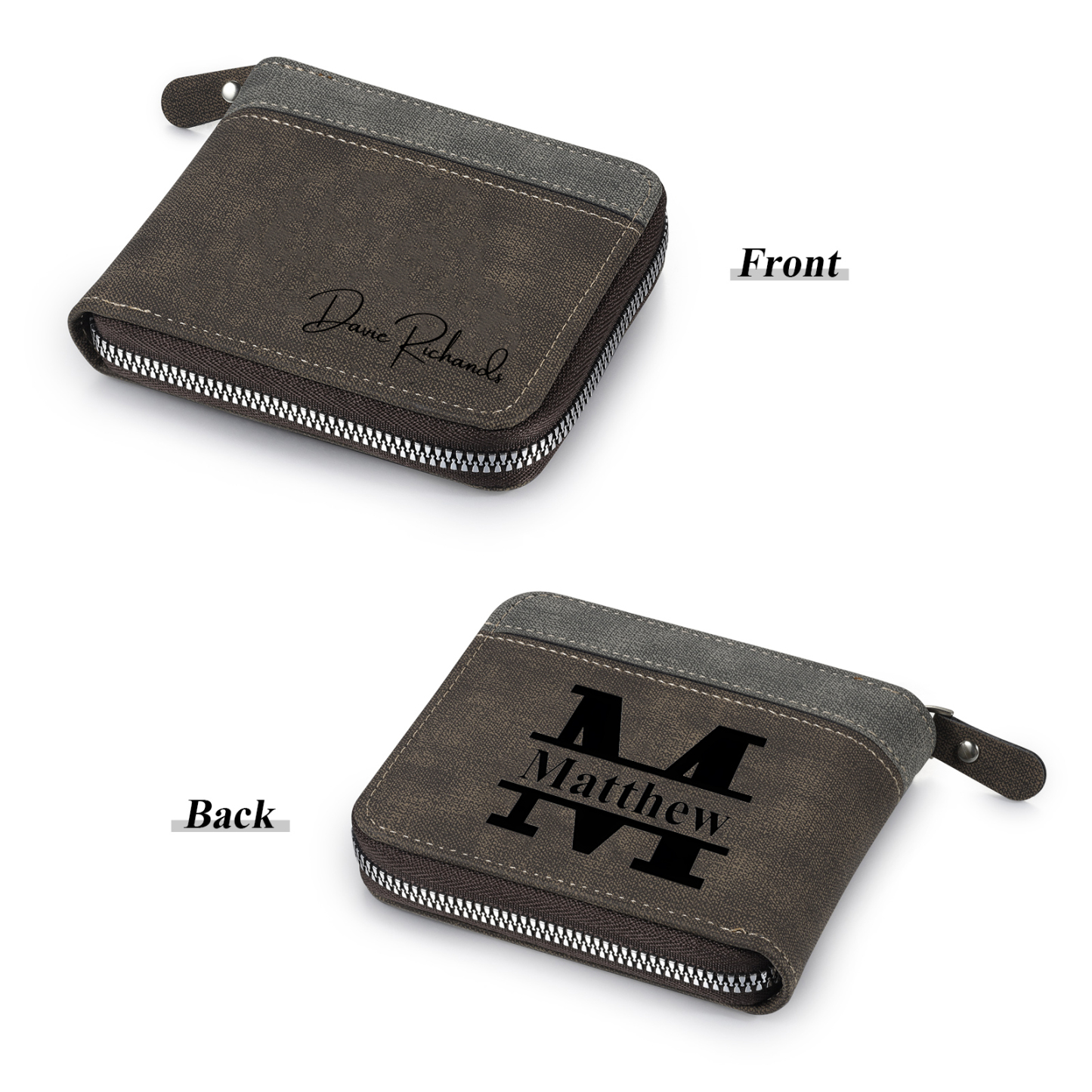 Personalised Text & Letter & Name Billfold Wallet Custom Men's Leather Wallet Zipper Gift for Him-Jessemade AU