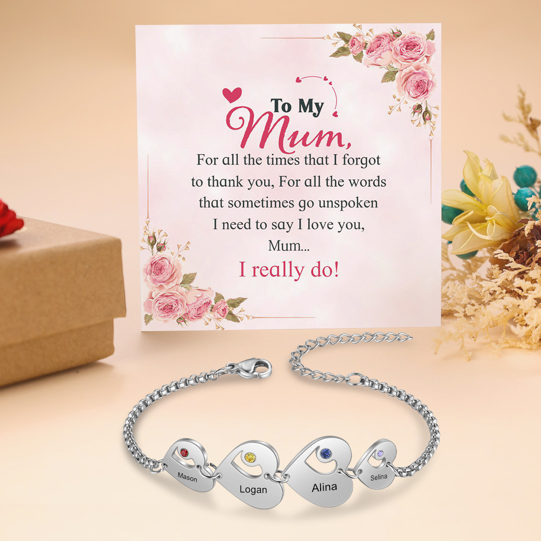 Personalised Heart Bracelet with Birthstones Custom 4 Names Family Bracelet Gifts for Her-Jessemade AU