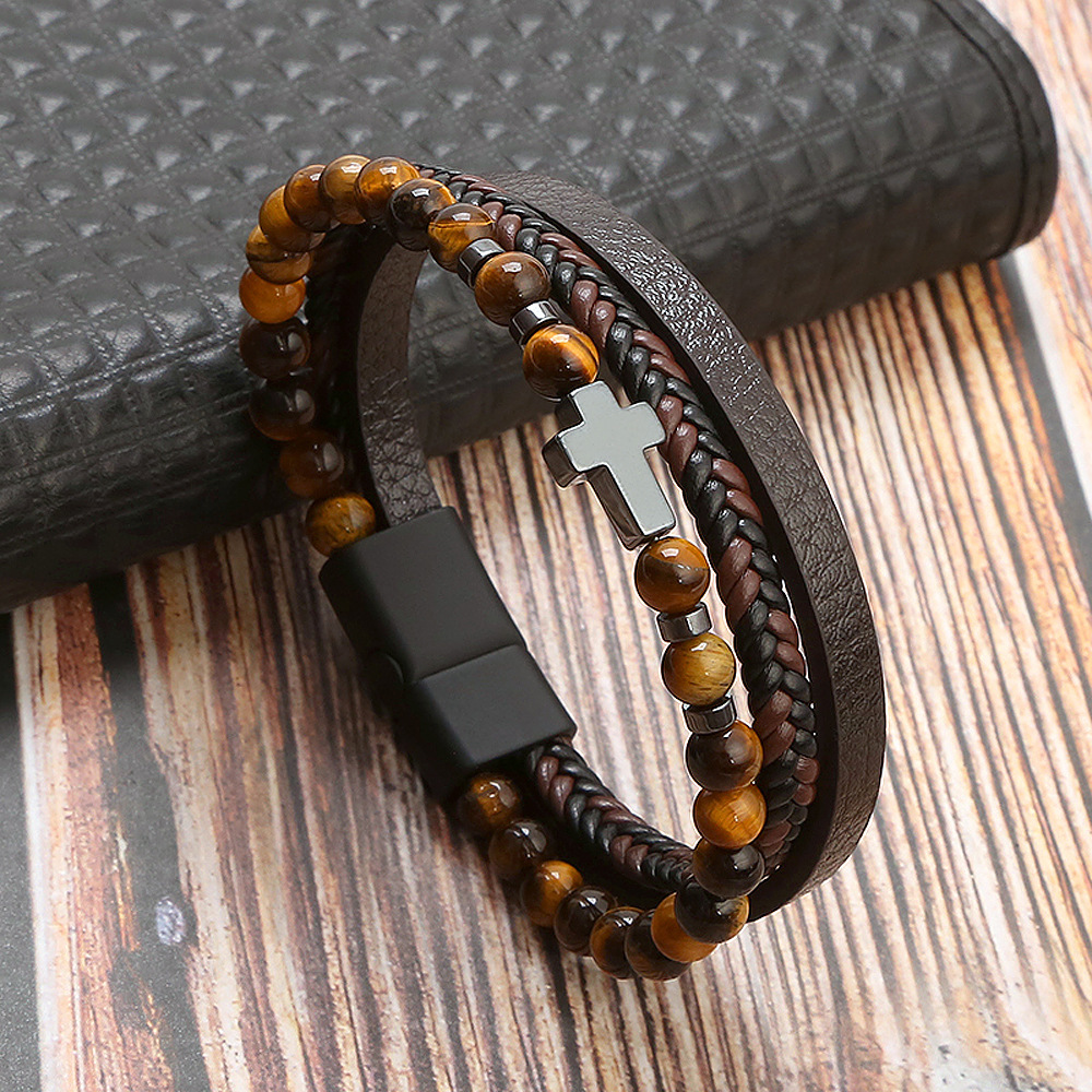 Natural Stone Stainless Steel Tiger Eye Stone Men's Cross Bracelet with Magnetic Clasp-Jessemade AU