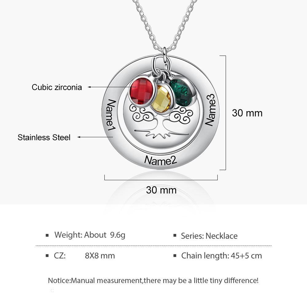 Personalised Family Tree Necklace with 3 Birthstones Engraved Names Gift For Women-Jessemade AU