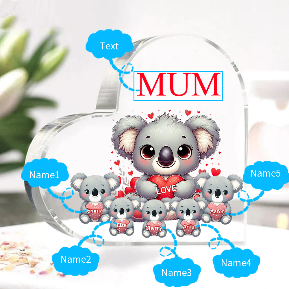 Personalised Acrylic Heart Keepsake Custom 1 Text & 5 Names Ornament Koala Family Gifts for Mother/Grandma-Jessemade AU