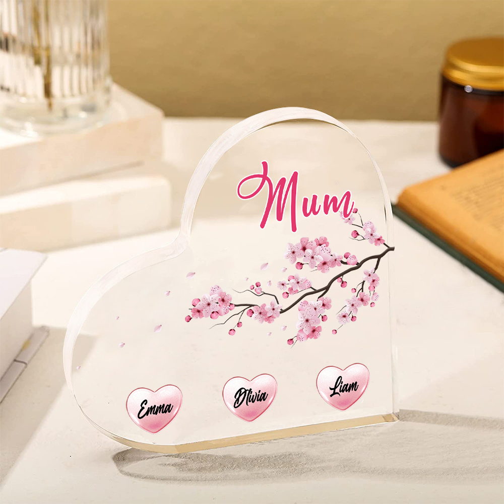 3 Names - Personalised Acrylic Heart Keepsake Custom Text Peach Blossom Ornaments Gifts for Grandma/Mother-Jessemade AU