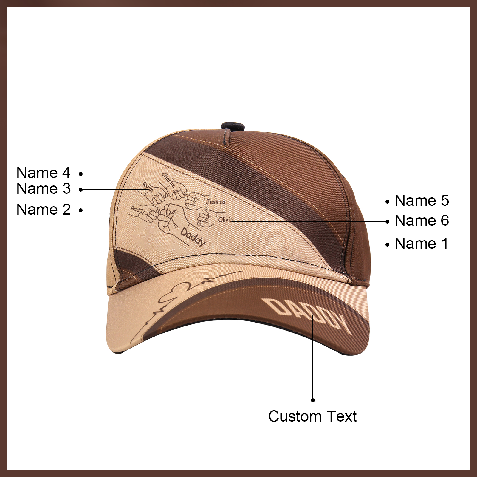 Personalised Fist Bump Classical Baseball Cap Custom 6 Names & 1 Text Snapback Adjustable Gift for Dad/Grandpa/Husband-Jessemade AU