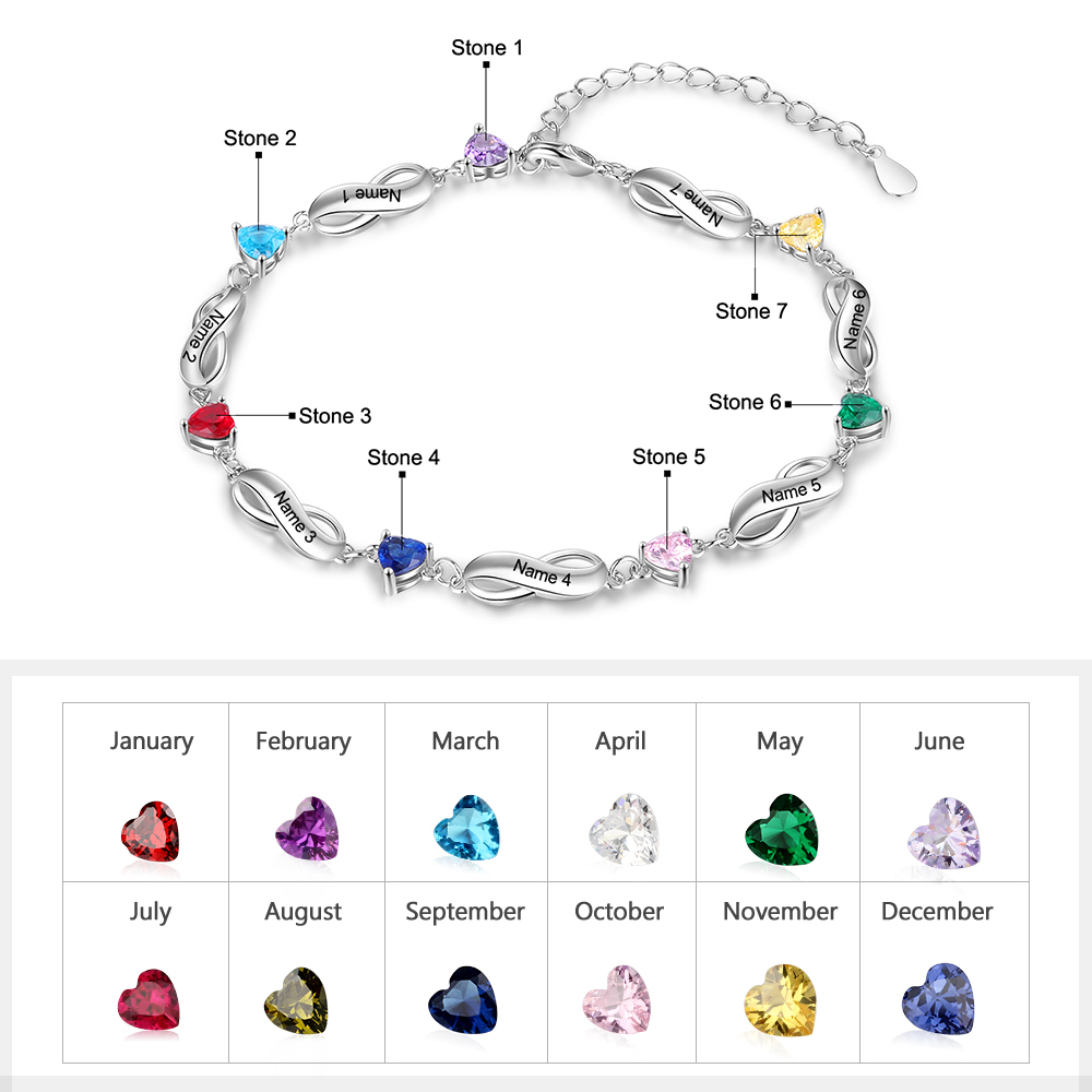 Personalised Infinity Bracelet With 7 Birthstones Engraved Names Bracelet Gift For Women-Jessemade AU