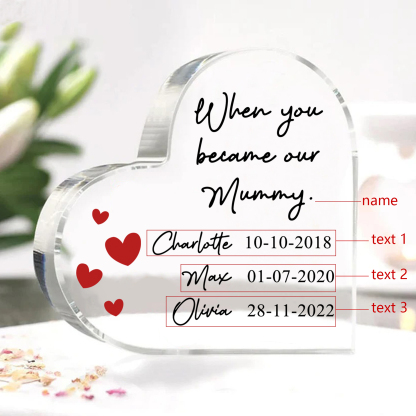 Personalised Name Acrylic Heart Keepsake Custom 3 Texts Ornaments Gifts - When You Became Our Mummy-Jessemade AU