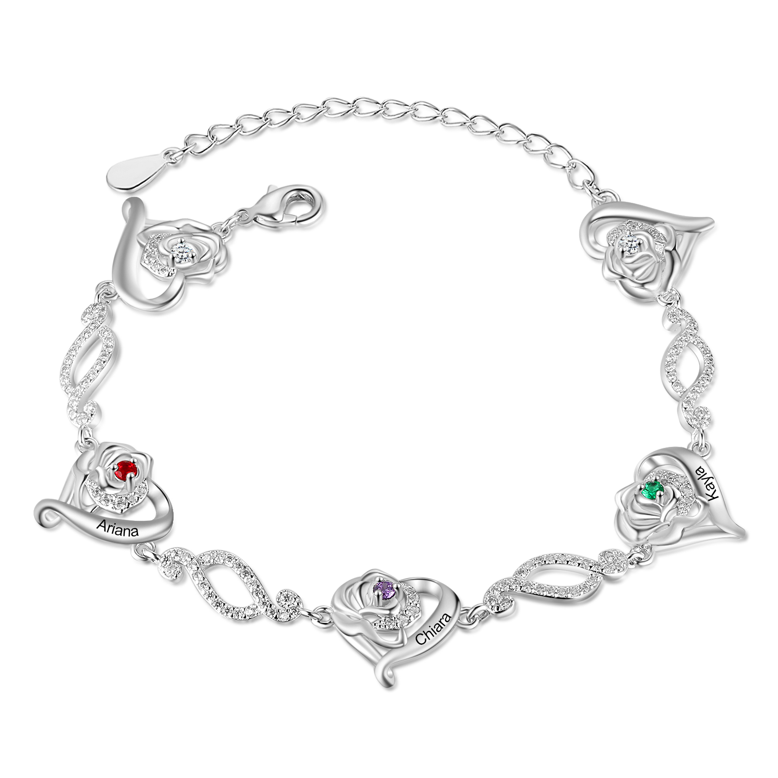 Flowers Bracelet Personalised 3 Birthstones Bracelet Engraved Names Flowers Charm Gifts For Her-Jessemade AU