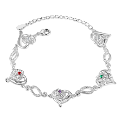 Flowers Bracelet Personalised 3 Birthstones Bracelet Engraved Names Flowers Charm Gifts For Her-Jessemade AU