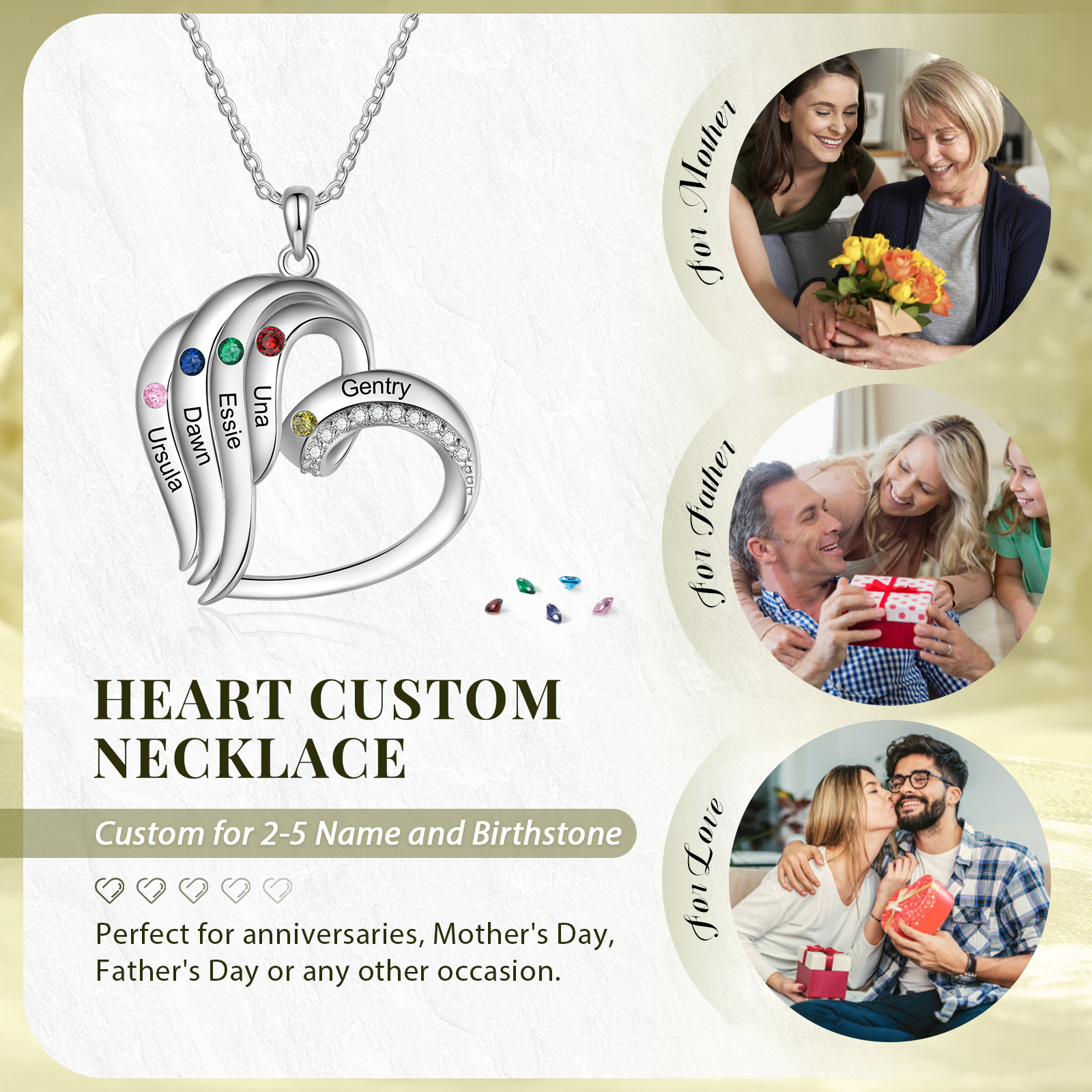 Personalised Heart Pendant Necklace Custom 5 Birthstones Engraved 5 Names Necklace Gift for Her-Jessemade AU