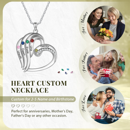 Personalised Heart Pendant Necklace Custom 5 Birthstones Engraved 5 Names Necklace Gift for Her-Jessemade AU
