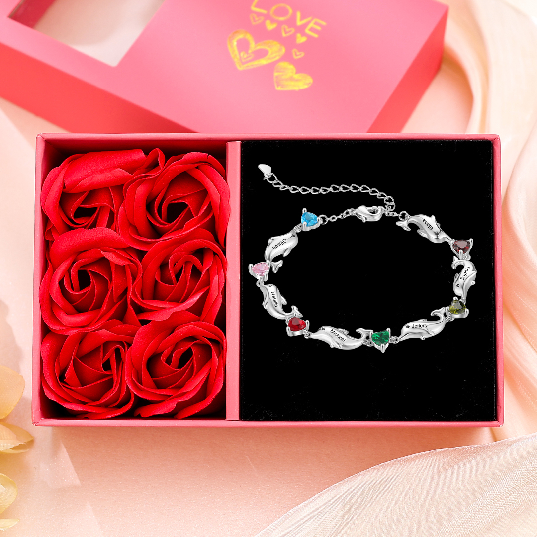 Dolphin Bracelet Personalised 6 Birthstones & 6 Names Women Bracelet-Jessemade AU