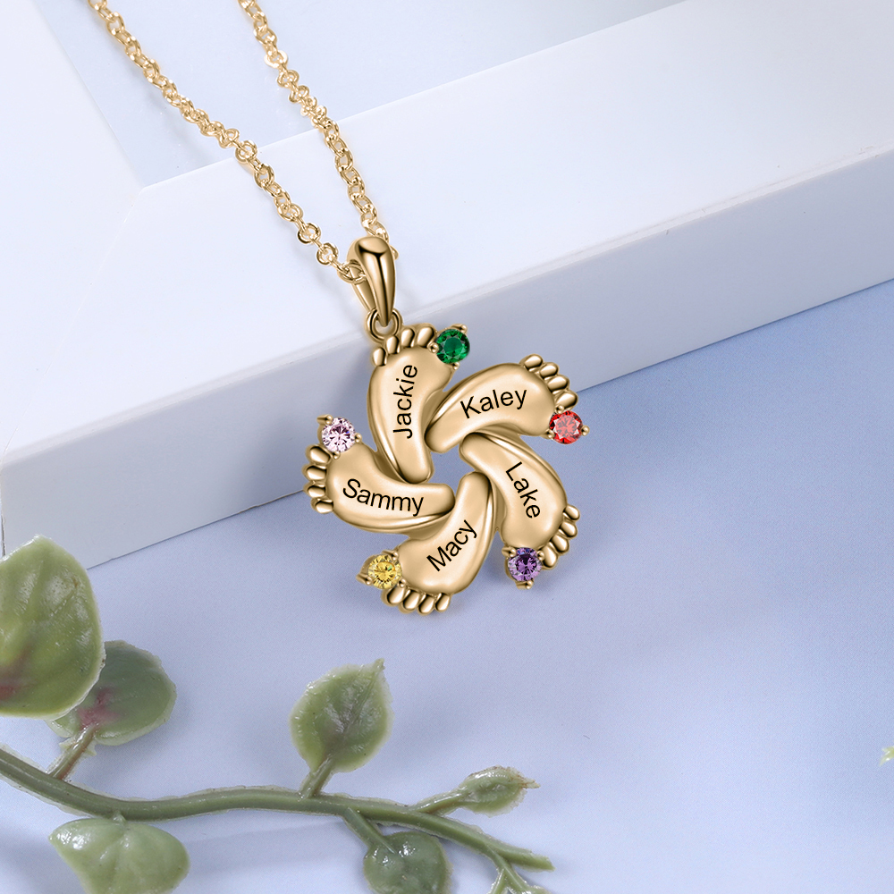 Personalised Baby Feet Necklace With 5 Birthstones Engraved Names Gift For Mother-Jessemade AU