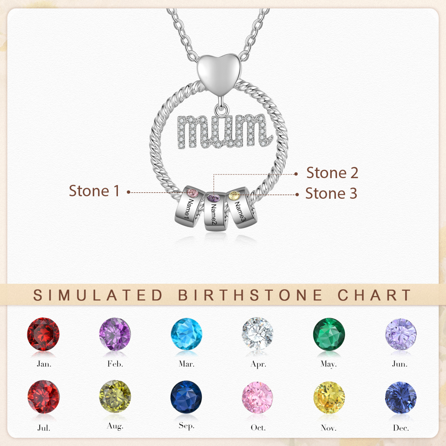 Personalised Circle Necklace With 3 Birthstones Pendant Engraved Names Gift For Mum-Jessemade AU