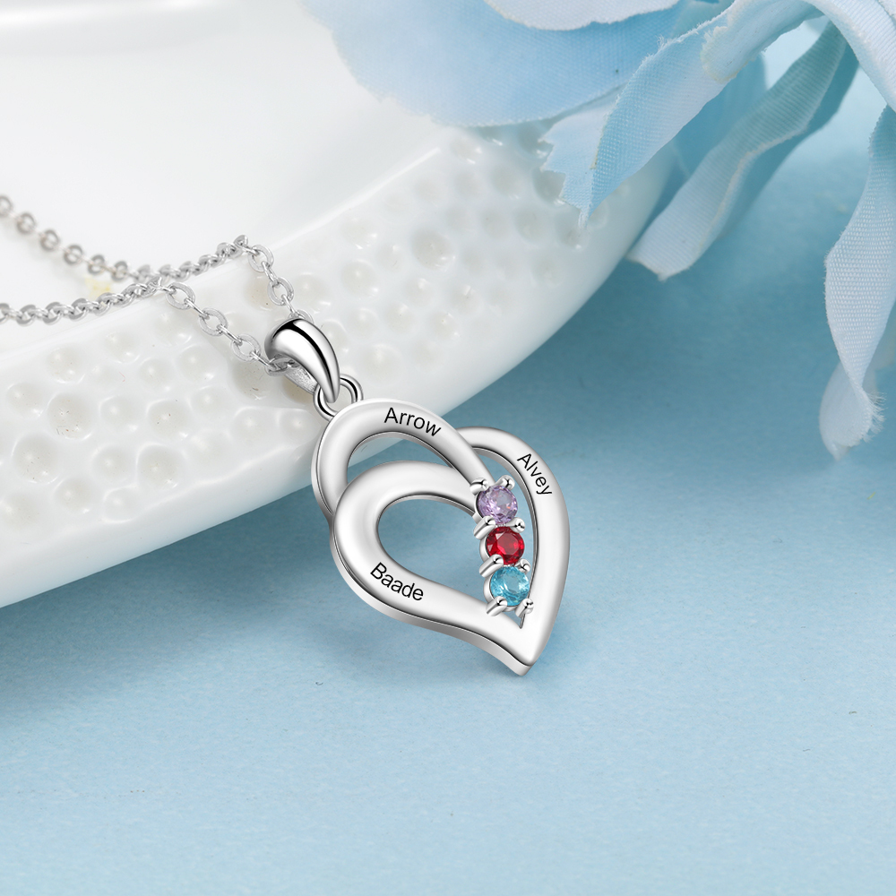 Personalised Heart Necklace With 3 Birthstones Engraved Names Gift For Her-Jessemade AU