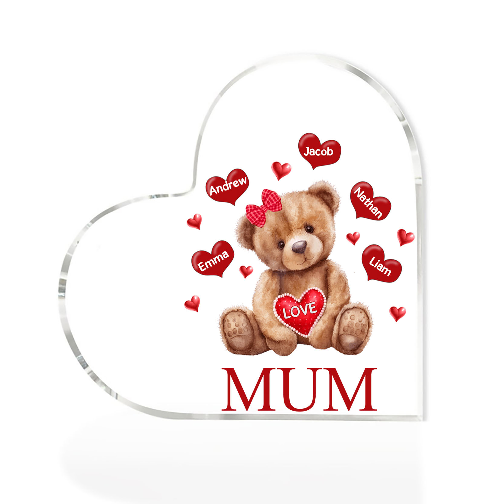5 Names - Personalised Acrylic Heart Keepsake Custom 2 Texts Teddy Bear Ornaments Gifts for Grandma/Mother-Jessemade AU